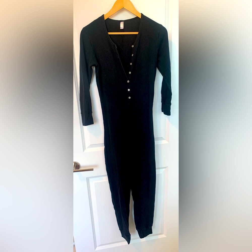American Apparel Black Ribbed Henley Thermal Jumpsuit